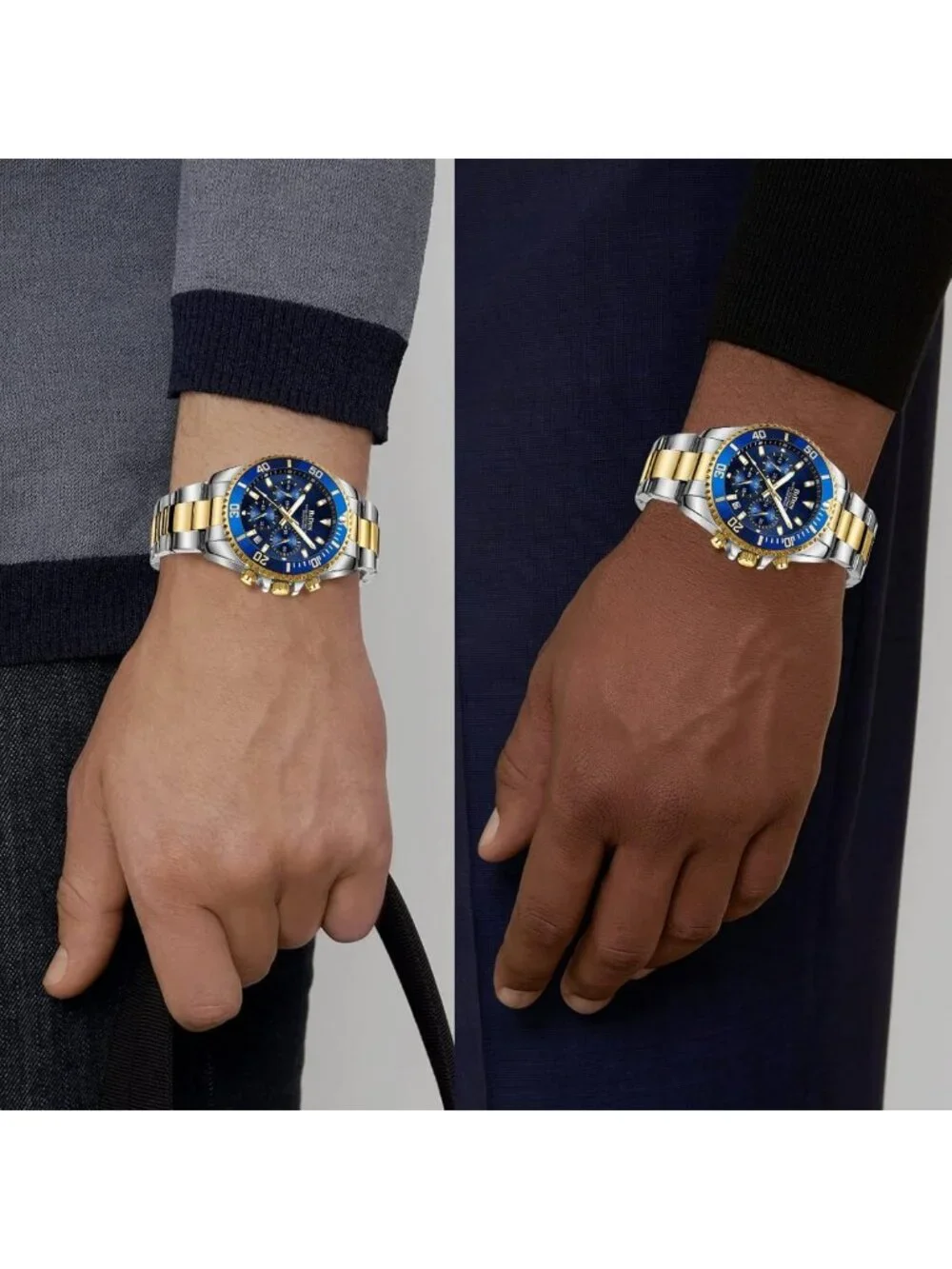 Stylish Men's Chronograph Watch - Gold & Blue Stainless Steel, Waterproof, Date